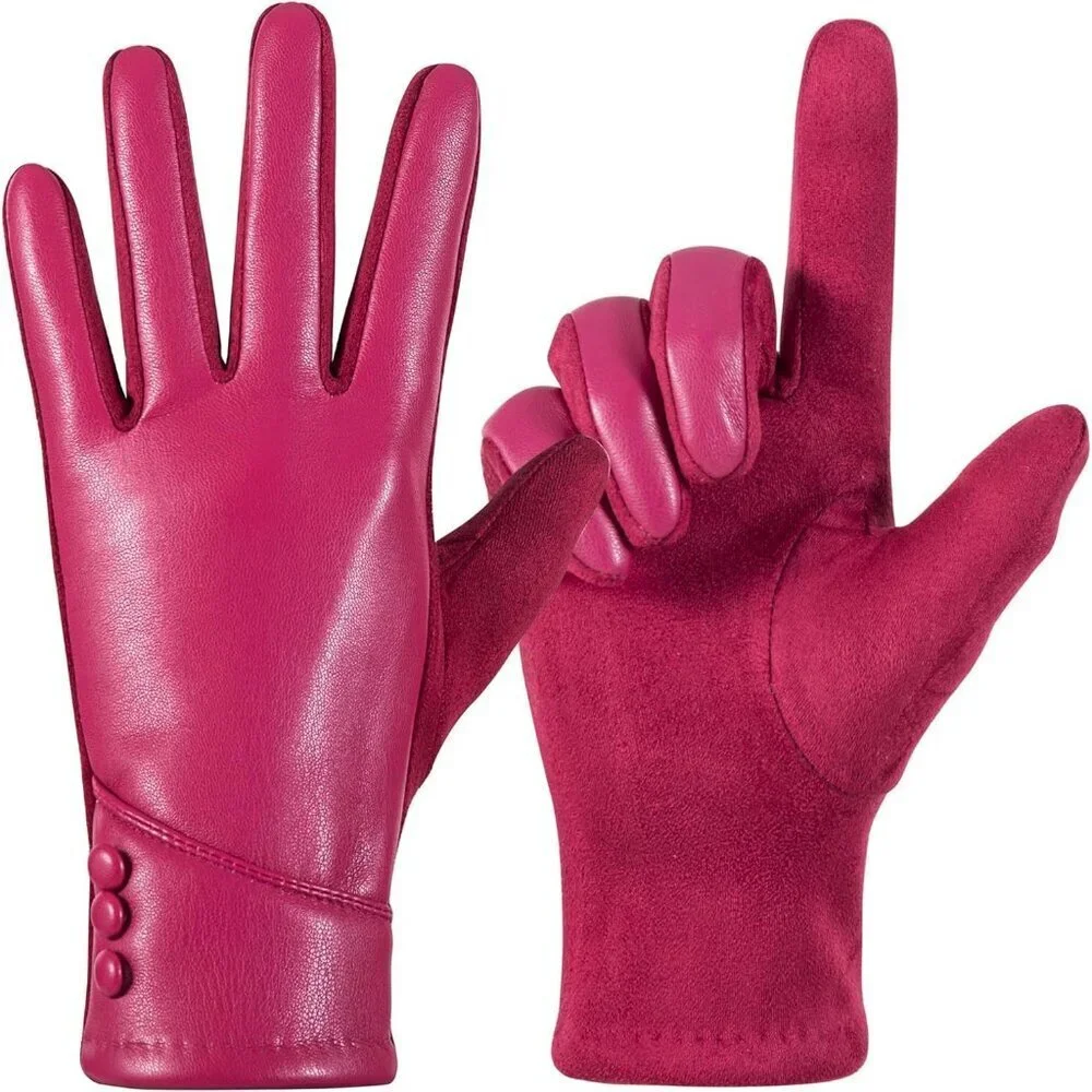 Women's Rose Red Winter Leather Suede Gloves Wool Lined Windproof Touchscreen